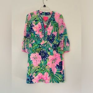 Lilly Pulitzer XXS Pink Floral with Beaded Neckline and Flared 3/4 Sleeves